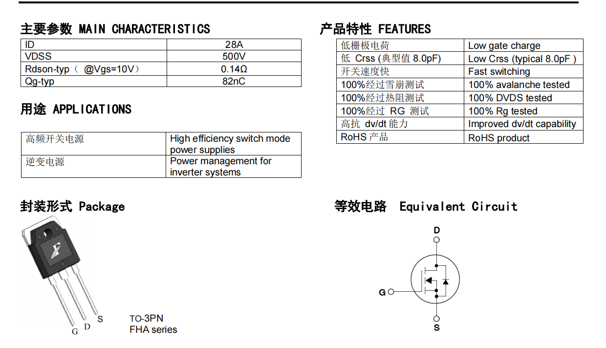 FHA28N50W型號(hào)MOS管參數(shù)